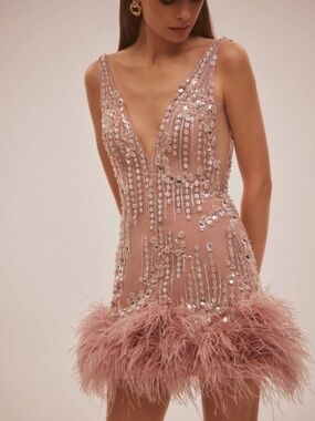 Mills Embellished Feather Hem Mini Dress in Blush Pink